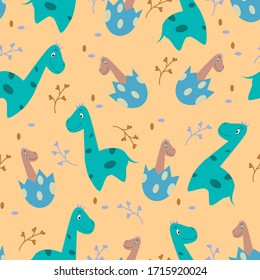 Cute seamless pattern with dinosaurs, happy dino. Background with dinosaurs. Baby pattern with dinosaurs.