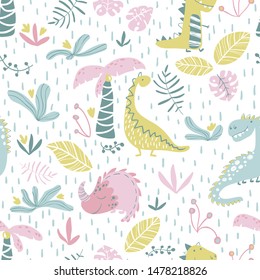 Cute seamless pattern with dinosaurs in jungle. Baby Vector Illustration in scandinavian style in pastel colors. Creative childish background for fabric, textile, nursery wallpaper. 