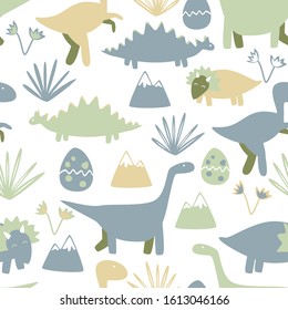 Cute seamless pattern with dinosaurs. Kids simple background.
