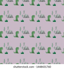 Cute seamless pattern with dinosaurs, mountains and grass. Creative kids texture for fabric, wrapping, textile, wallpaper.