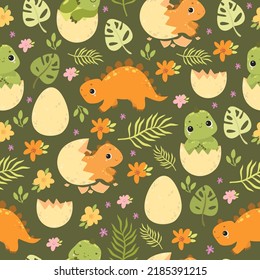 Cute seamless pattern with dinosaurs. Newborn dinosaur. Kids background.