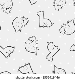 Cute seamless pattern with dinosaurs on a grey background. Perfect for kids apparel, fabric, textile, nursery decoration, wrapping paper. Trendy vector pattern.