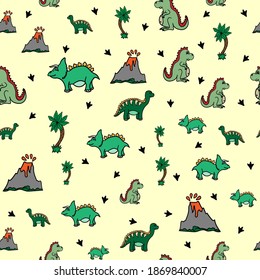 Cute seamless pattern with dinosaurs, palm trees, volcanoes and paw prints. Drawn by hand. Print for kids. Vector illustration.