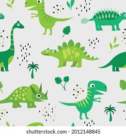Cute seamless pattern with cute dinosaurs, palm trees, leaves. Children's vector illustration in the hand-drawn style. children's background for fabric