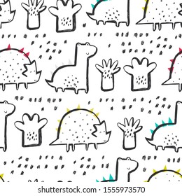 Cute seamless pattern with dinosaurs, trees on a white background. Perfect for kids apparel, fabric, textile, nursery decoration, wrapping paper. Trendy vector pattern.