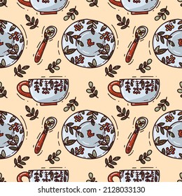 cute seamless pattern with dishes with flowers. vector illustration in doodle style for prints and wallaper