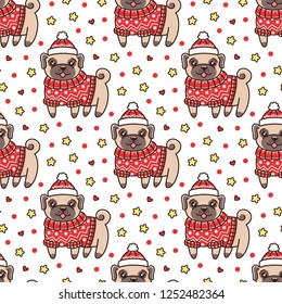 Cute seamless pattern with dog breed pug in a fair isle red sweater and hat. It can be used for packaging, wrapping paper, textile and etc.