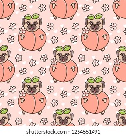 Cute seamless pattern with dog breed pug in peach, with flowers and heart on a pink background. It can be used for packaging, wrapping paper, textile and etc.