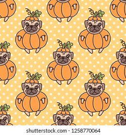 Cute seamless pattern with dog breed pug in pumpkin, on a yellow background with white dots. It can be used for packaging, wrapping paper, textile and etc.