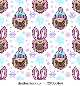 Cute seamless pattern with dog breed pug in hat and dog in a rabbit costume. With snowflakes for Merry Christmas. It can be used for packaging, wrapping paper, textile and etc.