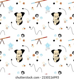 Cute seamless pattern with dog in handdrawn cartoon style. Vector illustration isolated on white  background with funny character.