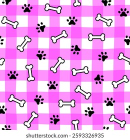 Cute seamless pattern with dog paw prints and bones. Fabric print template. Simple doodle vector background.