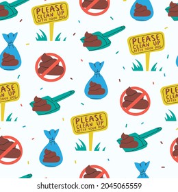 Cute seamless pattern with dog poop, scoop and trash bag. Repeating elements of cleaning the dog. Multicolor vector pattern for printing.
