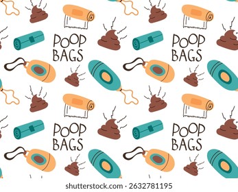 Lindo patrón sin fisuras con caca de perro, diferentes bolsas para limpiar los excrementos de sus mascotas. Ilustración vectorial de patrón de repetición ideal para impresión, fondo. Repetir los Elementos de la limpieza del perro