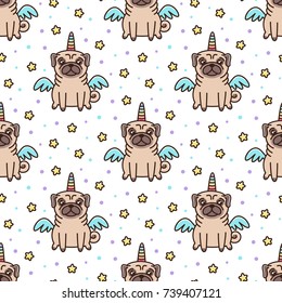 Cute seamless pattern with dog of pug breed in a unicorn costume with wings and rainbow horn. It can be used for packaging, wrapping paper, textile and etc.