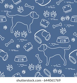 Cute seamless pattern with dog silhouette, bowl, traces, bone, brush, collar, leash. Design for poster or print.