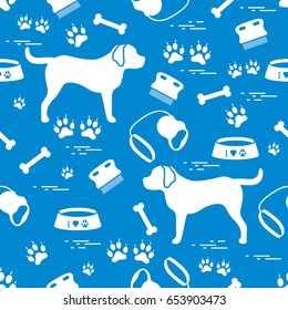 Cute seamless pattern with dog silhouette, bowl, traces, bone, brush, collar, leash. Design for poster or print.