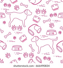 Cute seamless pattern with dog silhouette, bowl, traces, bone, brush, collar, leash. Design for poster or print.