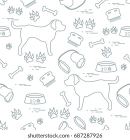 Cute seamless pattern with dog silhouette, bowl, traces, bone, brush, collar, leash. Design for poster or print.