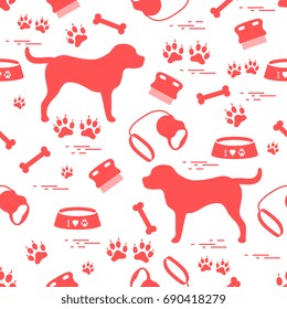 Cute Seamless Pattern With Dog Silhouette, Bowl, Traces, Bone, Brush, Collar, Leash. Design For Poster Or Print.