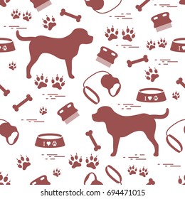 Cute seamless pattern with dog silhouette, bowl, traces, bone, brush, collar, leash. Design for poster or print.