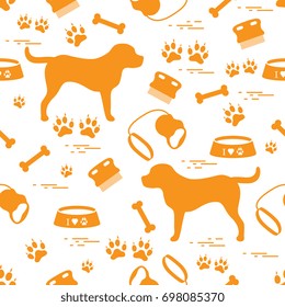 Cute seamless pattern with dog silhouette, bowl, traces, bone, brush, collar, leash. Design for poster or print.