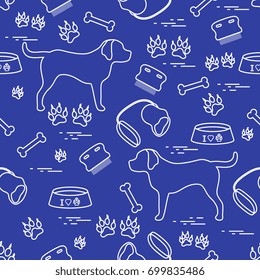 Cute seamless pattern with dog silhouette, bowl, traces, bone, brush, collar, leash. Design for poster or print.