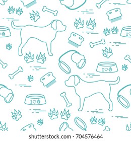 Cute seamless pattern with dog silhouette, bowl, traces, bone, brush, collar, leash. Design for poster or print.