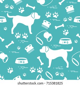 Cute seamless pattern with dog silhouette, bowl, traces, bone, brush, collar, leash. Design for poster or print.