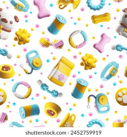 Cute seamless pattern with dog, toys and accessories 3D style vector illustration. Cartoon realistic pet care supplies, nutrition and entertainment zoo store. Leash, feed can and bag, collar