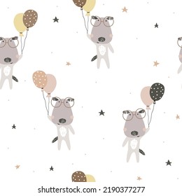 Cute seamless pattern with dogs and balloons. Pastel print. Vector hand drawn illustration.