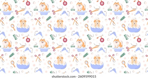 Cute seamless pattern with dogs in the bathtub, foam, soap bubbles, pet beauty salon concept, cosmetic accessories for dogs. Background for a pet grooming salon. Packaging, textiles, animal clothing.