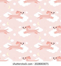 Cute seamless pattern with dogs. Cute dachshunds. Vector baby background in scandinavian style. pink background with clouds. Suitable for printing on wrapping paper, textiles, fabrics, clothing