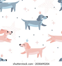 Cute seamless pattern with dogs. Cute dachshunds. Vector baby background in scandinavian style. Suitable for printing on wrapping paper, textiles, fabrics, clothing, wallpaper.