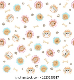 Cute seamless pattern with dogs portraits, bones, dog footprints. Shih tzu, yorkshire terrier, poodle illustrations. Cute dog vector design. For prints, textile, decorative wallpaper