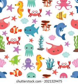 Cute seamless pattern with cute dolphin, jellyfish, octopus, fish, seahorse, starfish, shell, crab and weeds.
Colorful sea animal pattern. Vector illustration