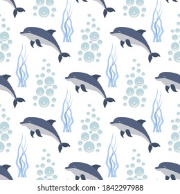 Cute seamless pattern with dolphin, seaweed and splashes on a white background. Sea animals in a flat style. Cartoon wildlife for web pages.
Stock vector illustration for decor, design, textiles