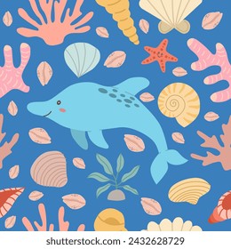 Cute seamless pattern with dolphins, arches, seaweeds isolated on a blue background. Kawaii flat style