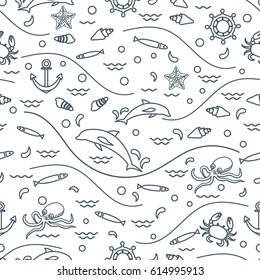 Cute seamless pattern with dolphins, octopus, fish, anchor, helm, waves, seashells, starfish, crab. Design for banner, poster or print.