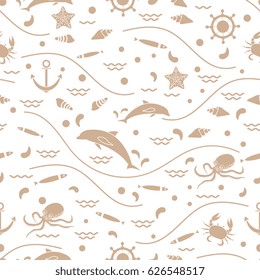 Cute seamless pattern with dolphins, octopus, fish, anchor, helm, waves, seashells, starfish, crab. Design for banner, poster or print.