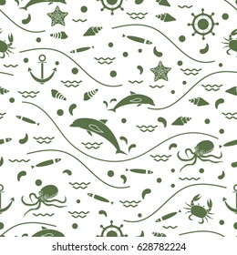 Cute seamless pattern with dolphins, octopus, fish, anchor, helm, waves, seashells, starfish, crab. Design for banner, poster or print.