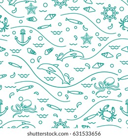 Cute seamless pattern with dolphins, octopus, fish, anchor, helm, waves, seashells, starfish, crab. Design for banner, poster or print.