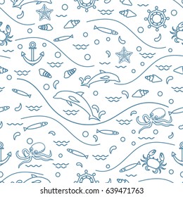 Cute seamless pattern with dolphins, octopus, fish, anchor, helm, waves, seashells, starfish, crab. Design for banner, poster or print.