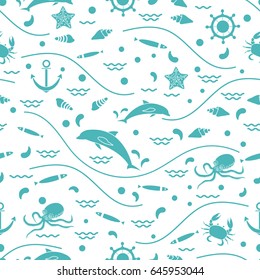 Cute seamless pattern with dolphins, octopus, fish, anchor, helm, waves, seashells, starfish, crab. Design for banner, poster or print.