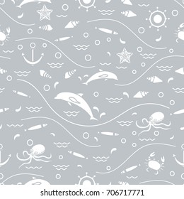 Cute seamless pattern with dolphins, octopus, fish, anchor, helm, waves, seashells, starfish, crab. Design for banner, poster or print.