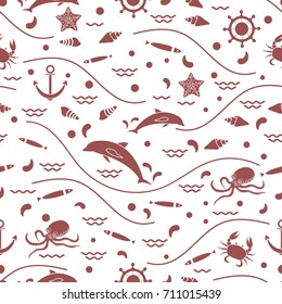 Cute seamless pattern with dolphins, octopus, fish, anchor, helm, waves, seashells, starfish, crab. Design for banner, poster or print.
