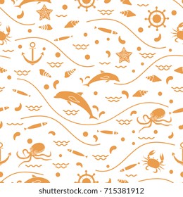 Cute seamless pattern with dolphins, octopus, fish, anchor, helm, waves, seashells, starfish, crab. Design for banner, poster or print.