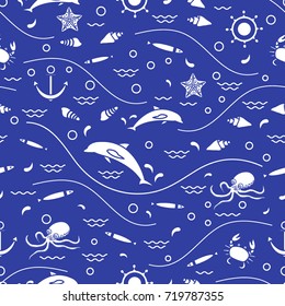 Cute seamless pattern with dolphins, octopus, fish, anchor, helm, waves, seashells, starfish, crab. Design for banner, poster or print.