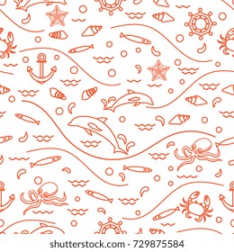 Cute seamless pattern with dolphins, octopus, fish, anchor, helm, waves, seashells, starfish, crab. Design for banner, poster or print.