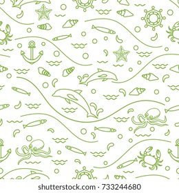 Cute seamless pattern with dolphins, octopus, fish, anchor, helm, waves, seashells, starfish, crab. Design for banner, poster or print.